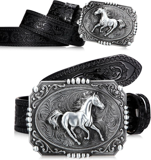 Hicarer Cowboy Belts Western Leather Buckle Belts Cowgirl Horse Pattern Engraved Buckle Belts for Men Women (Black, 45 Inch)...