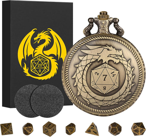 Mini DND Dice Set Steampunk Dragon Bronze Pocket Watch Shell Case, 7pcs Polyhedral Metal D&D Dice Set, DND Gifts with Gift Box for Men Player, Rol...
