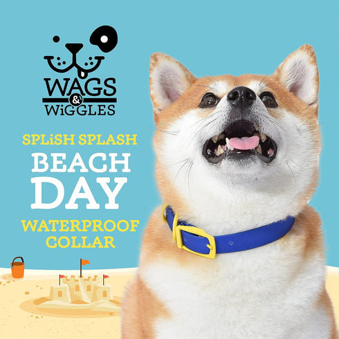 Wags & Wiggles Waterproof PVS Collar Navy- Medium | Medium Blue and Yellow Dog Collar for Pool or Lake, Waterproof | PVC Durable Dog Collar for Po...