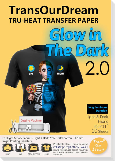 TransOurDream Luminous Heat Transfer Paper for T Shirts (10 Sheets, 8.5x11'', Glow 2.0) Printable Heat Transfer Vinyl for Inkjet Printer Iron on T...