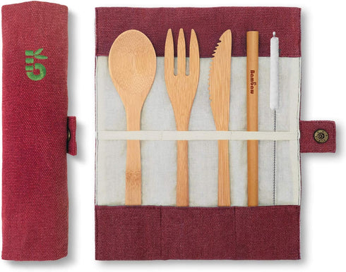 Bamboo Cutlery Set | Bamboo Silverware Set | Knife, Fork, Spoon, Straw| | Bamboo Flatware Set | Bamboo Utensils in Pouch | Wooden Eating Utensils ...