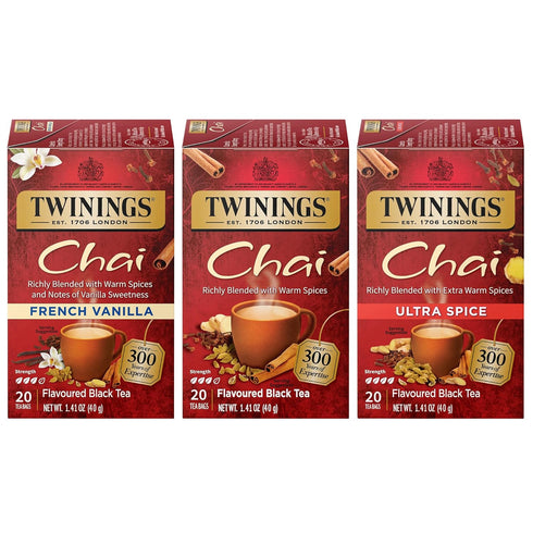 Twinings Chai Tea Variety 3-Pack – Chai, Ultra Spice Chai, and French Vanilla Chai, Caffeinated Black Tea Bags, 20 Count Each...