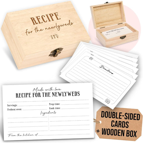 50 Pcs Recipe Cards for Bridal Shower - 4x6 Recipe Cards Box for Newlyweds, Wooden Recipe Box With Cards, Double-sided Blank Recipe Notecards for ...
