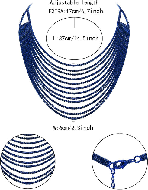 Flyonce Multi Layered Choker Collar Necklace, Glitter Blue Rhinestone Crystal Tassel Multi-Strand Fringe Chains Bib Statement Necklace Prom Jewelr...