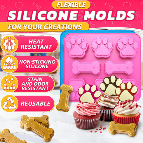 2 Pcs Dog Treat Molds for Baking and Freezing – Bone & Paw Shaped Silicone Dog Treat Mold, Non-Sticking, Blue & Pink – Easy Release Design for Hom...