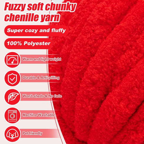 Red Chenille Chunky Yarn for Hand Knitting Fluffy Jumbo Chenille Yarn DIY for Crocheting Blanket Cushion 1 Skein (8.5 oz, 32 yds Each Skein)......