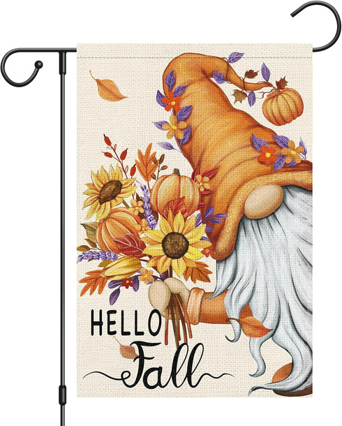 Hello Fall Gnome Garden Flag 12x18 Double Sided Burlap, Pumpkin Sunflower Garden Yard Flags for Thanksgiving Rustic Seasonal Outside Outdoor House...