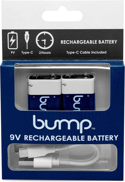 bump 9 Volt Rechargeable Batteries - 2 Pack - Lithium Ion, High Output, Fast & Long Lasting USB Charge, Use w/Smoke Alarms/Detectors, Transistor R...