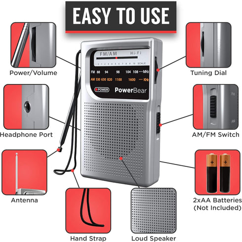 PowerBear Portable Radio | AM/FM, 2AA Battery Operated with Long Range Reception for Indoor, Outdoor & Emergency Use | Radio with Speaker & Headph...