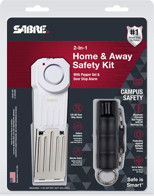 SABRE Home and Away Campus Safety Kit with Pepper Gel and Door Stop Alarm, 25 Bursts, 12-Feet (4-Meter) Range, Gel is Safer, 120dB Siren, Audible ...