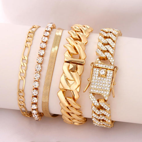 Gold Bracelets for Women, 14K Gold Plated Bracelets Sets for Women, 13mm/14mm Cuban Chain Bracelet Layered Link Chain Bracelets Pack Jewelry Full ...