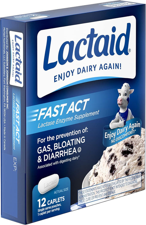 Lactaid Fast Act Lactose Intolerance Relief Caplets with Lactase Enzyme, 12 Travel Packs of 1-ct....