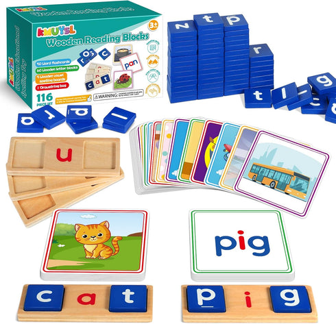 Wooden CVC Reading Spelling Game for Kids, Sight Words Flash Cards for Preschool Kindergarden Learning Activities, Montessori Educational Toys Gif...