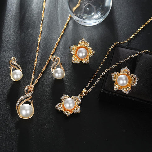 17IF Pearl Flower Earrings Necklace Gold Jewelry Sets For Women Bride Bridesmaids Wedding Party Prom, Dainty Mother Day Jewelry Gifts...