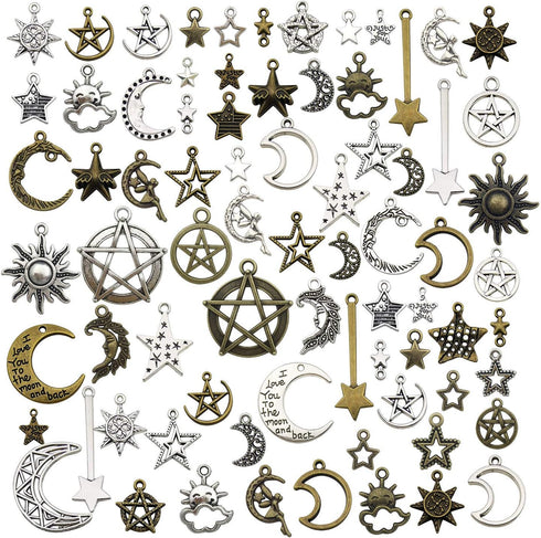 WOCRAFT 100g(About 76pcs) Craft Supplies Small Antique Bronze Silver Sun Moon Star Charms Pendants for Jewelry Making Findings Crafting Accessory ...