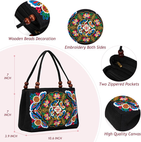 Jursccu Double-Sided Embroidery Totes Bag Travel Beach Bag Vintage Embroidery Ethnic Shoulder Bags...