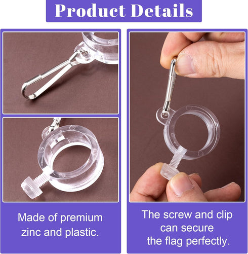 3pcs 1” Plastic Flag Pole Ring with Hook, Anti Wrap Flagpole Mounting Clip, Rustproof Adjustable Flag Pole Hardware Accessories for Various Outdoo...