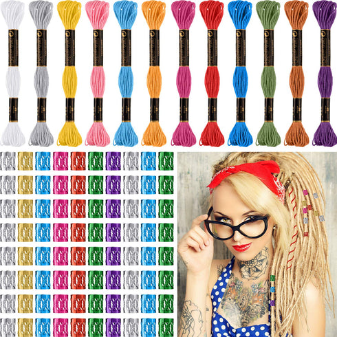 Willbond 162 Pieces Hair Accessory Set - 12 Braiding Strings and 150 Metal Cuffs in Colorful Designs, Hair Wrap String Kits for Braids, Thread Rop...