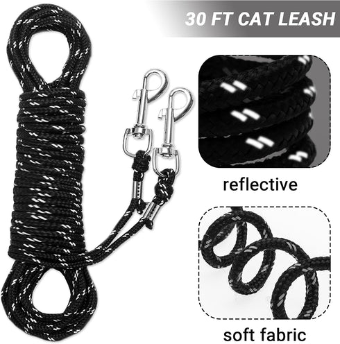 Cat Leash - 15 ft / 30ft Reflective Long Cat Leash Outdoor for Walking Training Playing - Escape Proof Yard Lead Pet Leash Also for Cats, Small Do...
