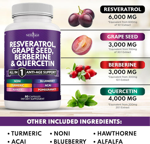 NEW AGE Resveratrol 6000mg Berberine 3000mg Grape Seed Extract 3000mg Quercetin 4000mg - Polyphenol Supplement for Women and Men with Noni Extract...