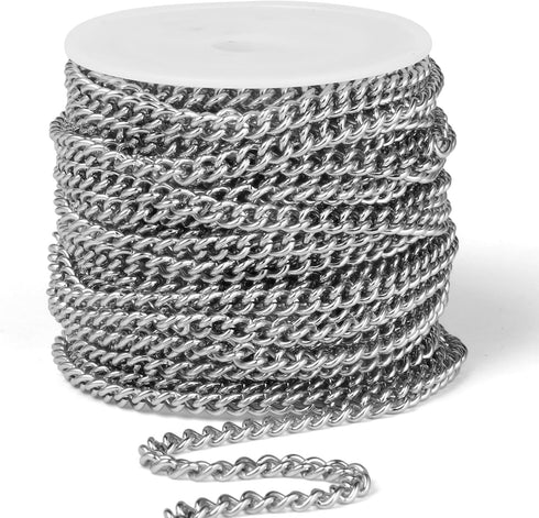 33FT Stainless Steel Curb Chain Roll, 5mm 304 Stainless Steel Flat Twisted Links Curb Chains Bulk Spool for Jewelry Making Necklace DIY Craft...