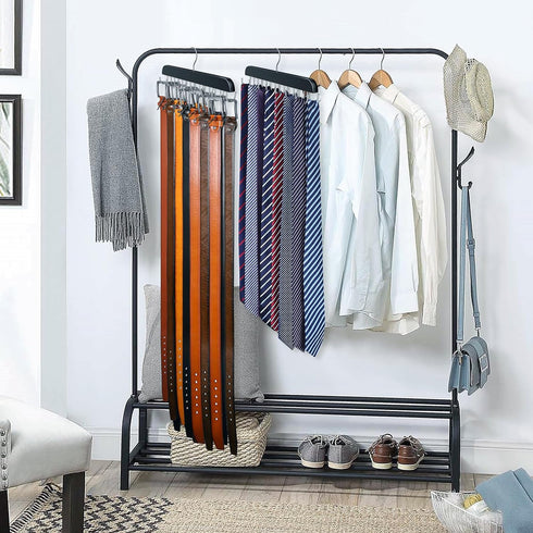 Belt Hanger for Closet Max 42 Belts, Sturdy Wood Belt Rack Closet Accessories with 14 Hooks Belt Organizer for Closet Organizers and Storage -Blac...
