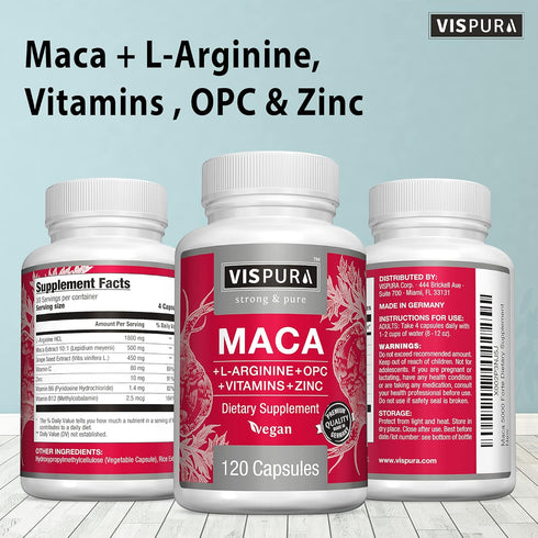Maca Root Capsules 5000 mg + L-Arginine, Vitamins B6 + B12, OPC and Zinc, Energy Boosting Formula* for Men and Women, 120 Vegan Tablets with Organ...