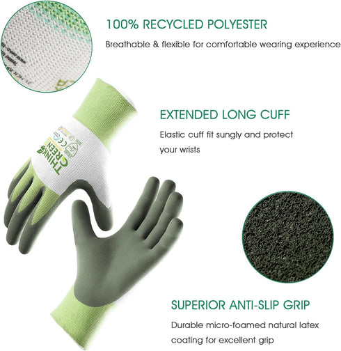 COOLJOB Gardening Gloves for Women and Men, 3 Pairs Recycled Polyester Garden Gloves with Rubber Coated, Green, White & Grey, Large Size (3 Pairs ...