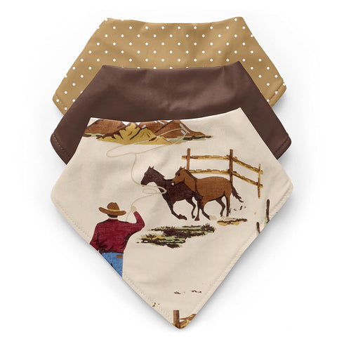 Sweet Jojo Designs Western Cowboy Boy Baby Bandana Bibs Newborn Infant Feeding Drool Red Blue Tan Chocolate Brown and White Wild West Southern Cou...
