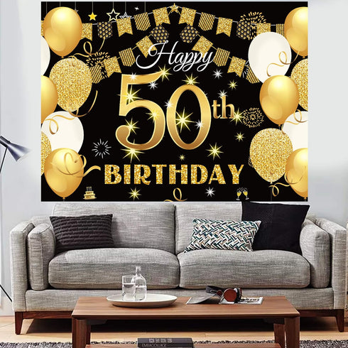 Saliyaa 7x5ft Happy 50th Birthday Backdrop,Happy Birthday Party Decoration, Black Gold Birthday Sign Poster Photo Booth Backdrop Background Banner...