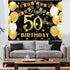 Saliyaa 7x5ft Happy 50th Birthday Backdrop,Happy Birthday Party Decoration, Black Gold Birthday Sign Poster Photo Booth Backdrop Background Banner...