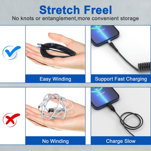 Coiled USB-C to Lightning Cable, Apple Carplay Compatible & MFi Certified, Car USB C Lightning Cable with Data Transmission and LED, iPhone Retrac...