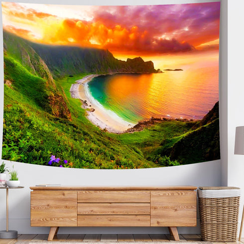 Delur Beach Sunset Tapestry Forest Nature Landscape Tapestry Wall Hanging Scenic Tree Mountain Tapestry Psychedelic Coastal Sunrise Headboard Tape...