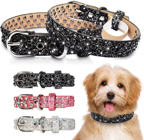 Rhinestone Leather Dog Collar Bling Dog Collars for Small Medium Large Dogs - Soft Microfiber Leather with Adjustable Stylish Sparkly Diamonds Stu...