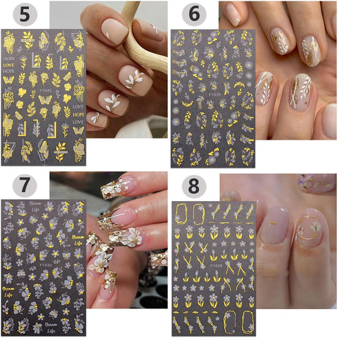 8 Sheets Gold Nail Stickers Flower Nail Decals 3D Self Adhesive Leaf Nail Art Stickers Spring Nail Designs Nail Art Supplies for Women Nail Manicu...