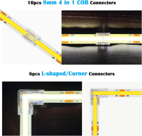 23PCS 8mm COB Led Strip Connectors Kit for COB led Strip Lights 2 Pin, 10pcs Transparent Connector, 6pcs L-Shaped Connectors, 2pcs Dual End, 4pcs ...