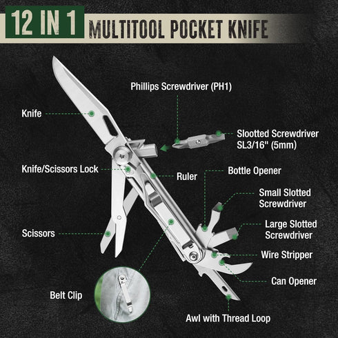 Mossy Oak 12-in-1 Multitool Pocket Knife with Pouch, Stainless Steel Multitool Knife with Clip, Survival Tools with Scissors, Bottle Opener, Wire ...