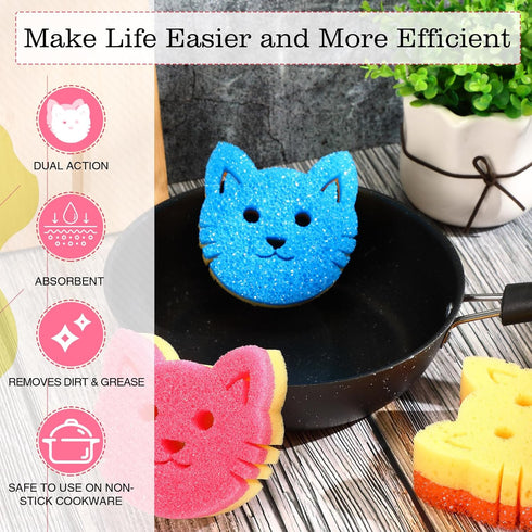 6 Pcs Cat Dual Sided Scrub Sponge Cleaning Sponges Cute Temperature Sensitive Dish Sponges for Washing Dishes Non Scratch Household Multi Use Spon...
