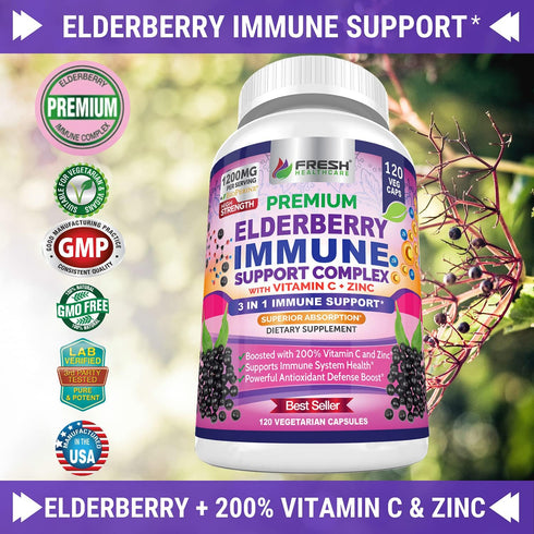 FRESH HEALTHCARE Elderberry Capsules - High Potency Black Elderberry with Zinc and Vitamin C - Premium Elderberry Vitamins for Adults - 3 in 1 Imm...