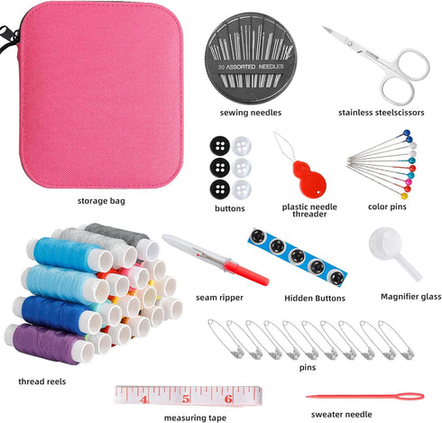 JUNING Sewing Kit with Pink Case Portable Sewing Supplies for Home Traveler, Adults, Beginner, Emergency, Kids Contains Thread, Scissors, Needles,...