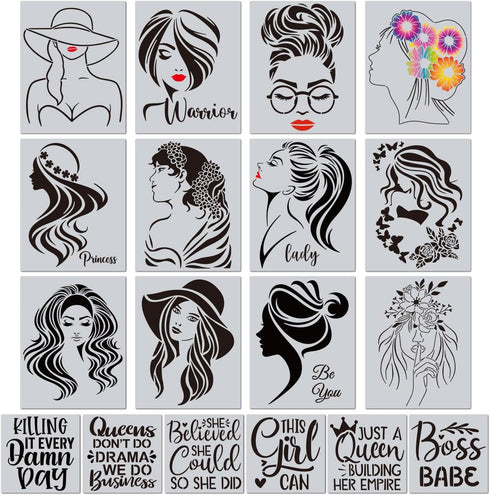 18 Pieces Women Theme Lady Stencils Floral Female Face and Inspirational Quote Girl Stencil for Home Wall Art Decor Painting on Wood Canvas Paper ...
