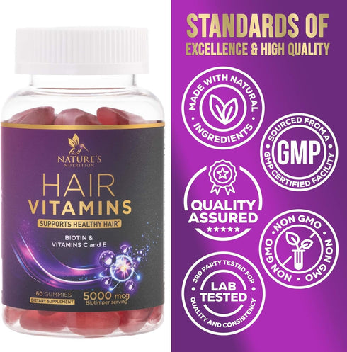 Hair Growth Supplement Gummy for Stronger, Radiant Hair, Skin & Nails - Hair Vitamins with Biotin 5000 mcg and Vitamin E & C, Nature's Extra Stren...