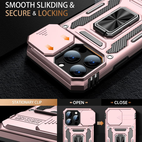 MERRO for iPhone 13 Pro Case with Screen Protector,Sliding Camera Cover,Military-Grade Cover with Magnetic Stand Phone Case 6.1" Rose Gold...