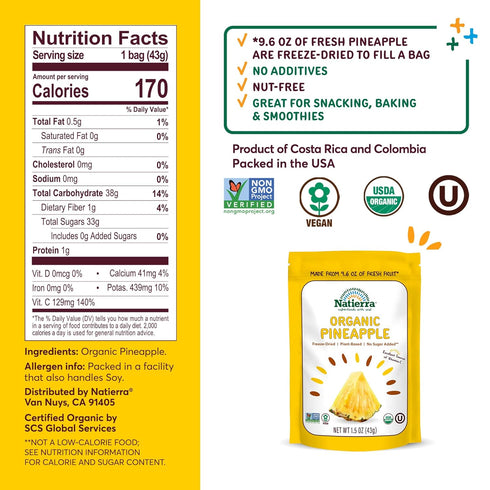Natierra Nature's Organic Freeze-Dried Pineapples | Gluten Free & Vegan | 1.5 Ounce...