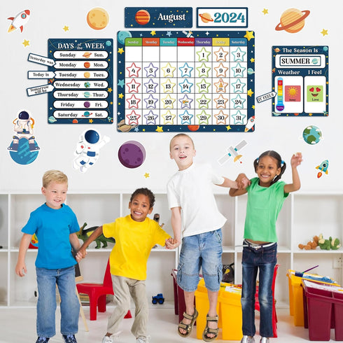 122pcs Cartoon Space Classroom Calendar Bulletin Board Set with Seasons Weather Festival I Feel Days of The Week for Classroom Back to School Deco...