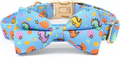 Dog Collar with Bow, Blue Dinosaur Bowtie Dog Collar, Adjustable Pet Gift Collars for Small Medium Large Dogs...