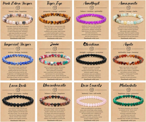 BOMAIL 12PCS 6MM Gemstones Beaded Bracelet for Women Healing Crystal Stone Bracelets Round Beads Semi-Precious Stretch Bracelet Set Unisex Jewelry...