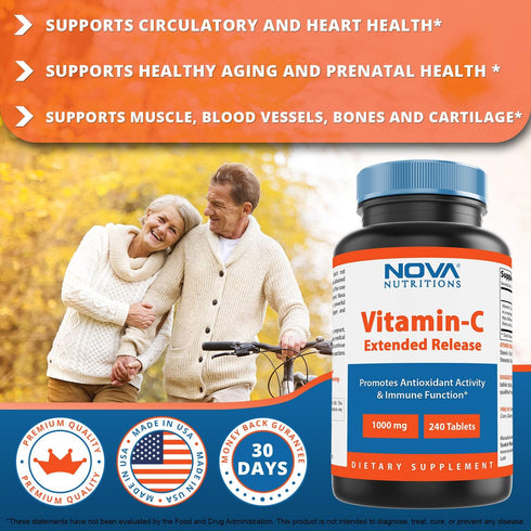 Nova Nutritions Vitamin C 1000 mg 240 Tablets (Extended Release) Made with Rose HIPS, Rutin, Acerola Powder, Bioflavonoids...