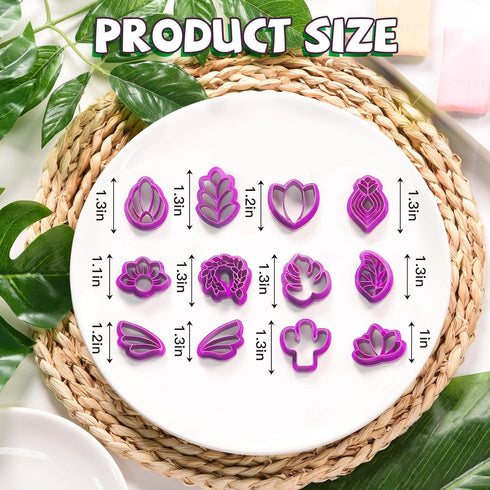 Guiqulai 12 Shapes Floral & Leaf Clay Cutters, Spring Flower Shape Polymer Clay Earrings Cutters, Cactus Clay Cutters for Earrings Making, Small C...