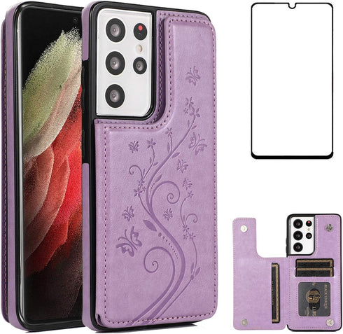 Phone Case for Samsung Galaxy S21 Ultra Glaxay S21ultra 5G with Tempered Glass Screen Protector Card Holder Wallet Cover Stand Flip Leather Cell G...